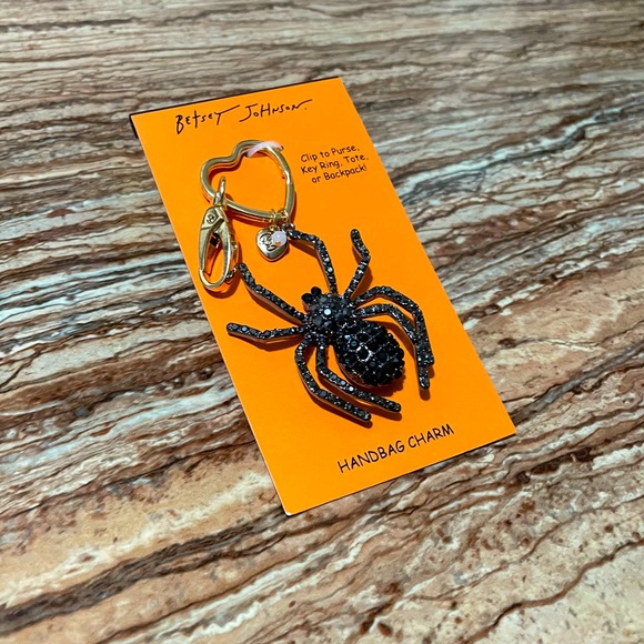 Betsey Johnson Gold Black Gunmetal Crystal Spider Key Fob Bag Charm Keychain - Picture 4 of 8